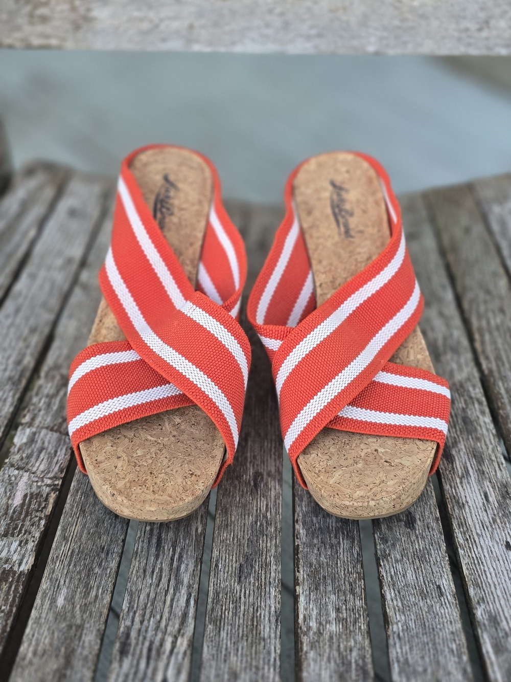 Lucky Brand Orange and White Striped Cork Wedge Slides